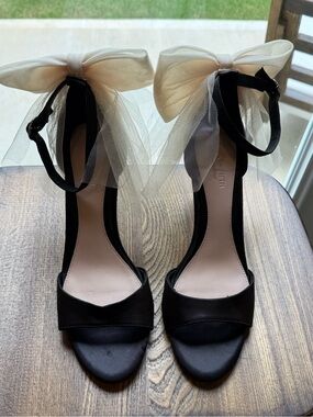 ANTONIO MELANI Black Satin Ankle-Strap Heels with Cream Bow